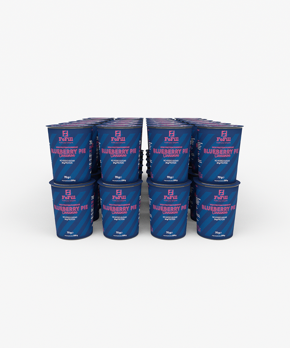 Blueberry Pie Cinnamon Proteingröt 48-pack – En proteinrik och hälsosam gröt med smak av blåbärspaj och kanel, 21 gram protein per portion, utan tillsatt socker. Perfekt för frukost eller mellanmål.