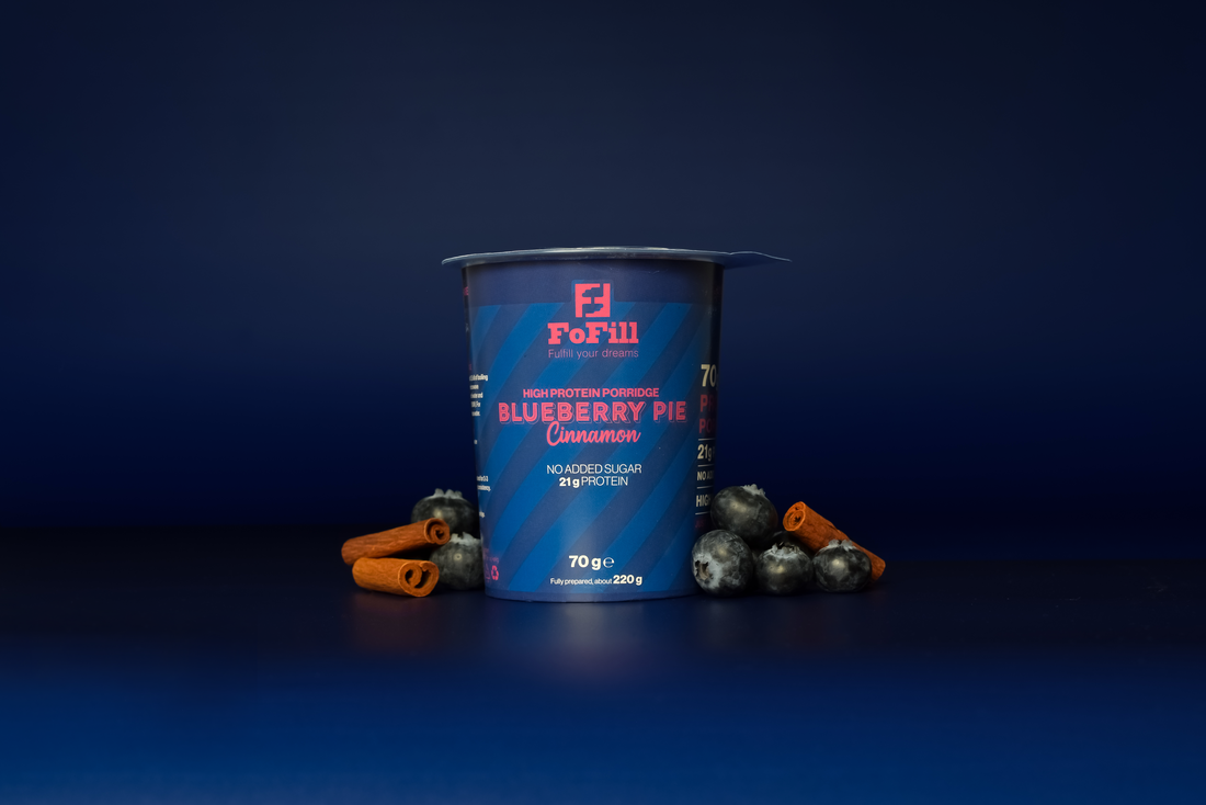 Blueberry Pie Cinnamon Proteingröt – Ny smak från FoFill, proteinrik och utan tillsatt socker. Perfekt för en hälsosam frukost eller mellanmål.