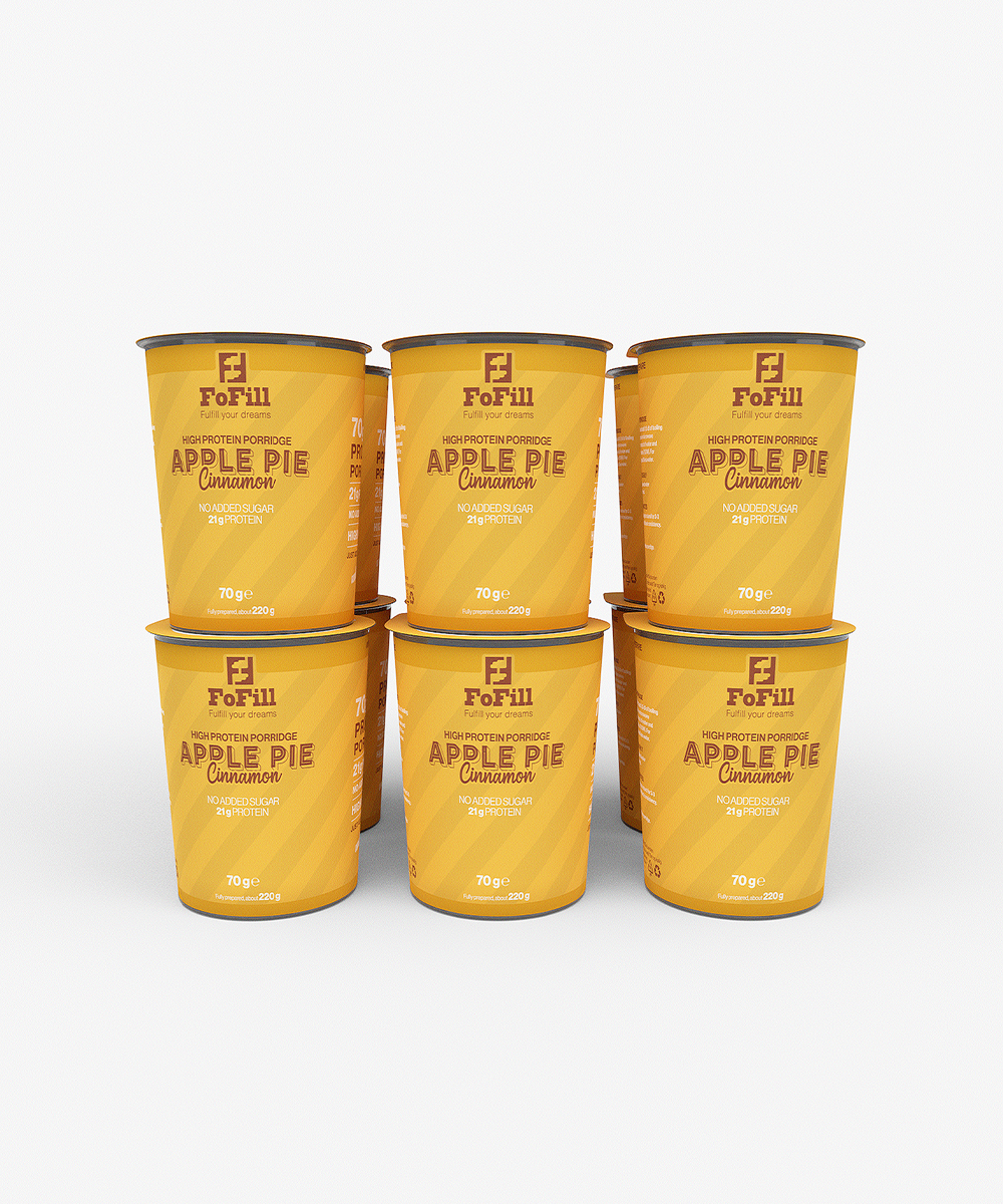 Apple Pie Cinnamon Proteingröt 12-pack – Proteinrik och nyttig gröt med 21 gram protein per portion, utan tillsatt socker. Perfekt för en hälsosam frukost.