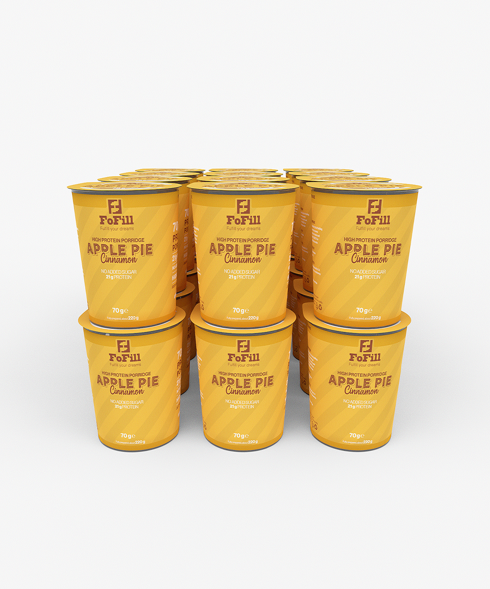 Apple Pie Cinnamon Proteingröt 24-pack – Proteinrik och nyttig gröt med 21 gram protein per portion, utan tillsatt socker. Perfekt för en hälsosam frukost.