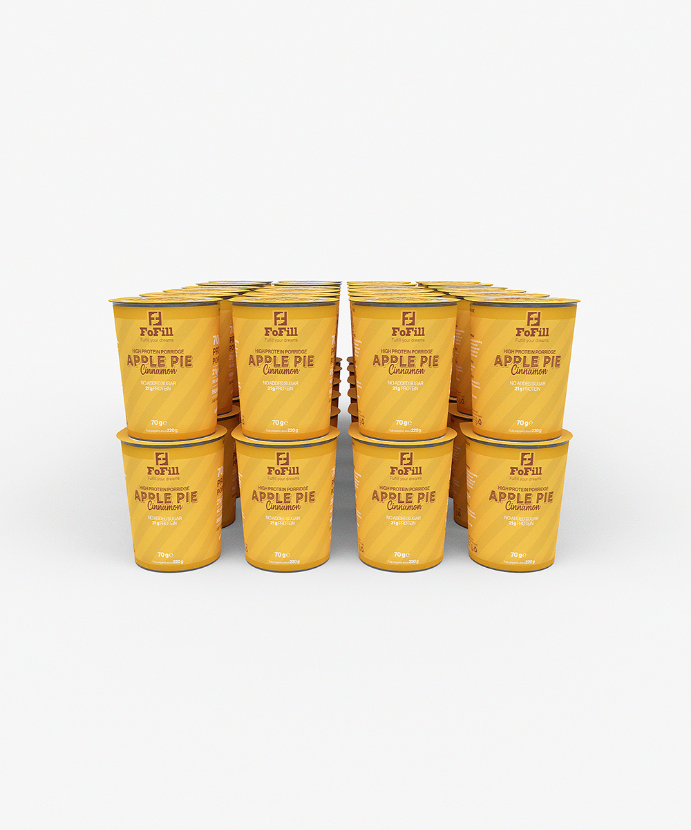 Apple Pie Cinnamon Proteingröt 12-pack – Proteinrik och nyttig gröt med 21 gram protein per portion, utan tillsatt socker. Perfekt för en hälsosam frukost.