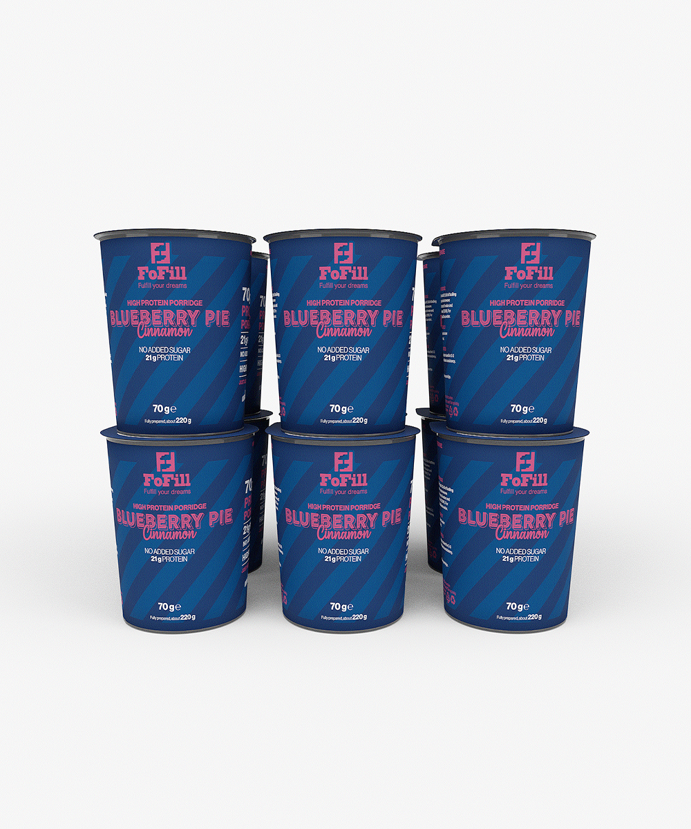 Blueberry Pie Cinnamon Proteingröt 12-pack – En proteinrik och hälsosam gröt med smak av blåbärspaj och kanel, 21 gram protein per portion, utan tillsatt socker. Perfekt för frukost eller mellanmål.