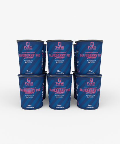 Blueberry Pie Cinnamon Proteingröt 12-pack – En proteinrik och hälsosam gröt med smak av blåbärspaj och kanel, 21 gram protein per portion, utan tillsatt socker. Perfekt för frukost eller mellanmål.