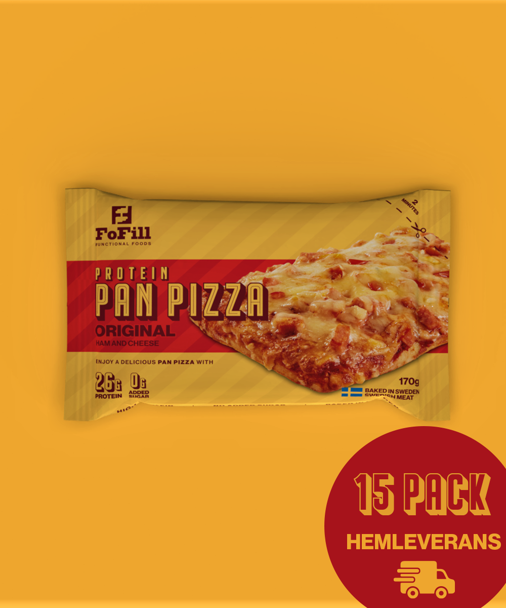 Original Protein Pan Pizza – 15-pack. En proteinrik pan pizza med svensk skinka och ost, innehåller 26 gram protein per portion och utan tillsatt socker. Perfekt för en hälsosam och smakrik måltid.