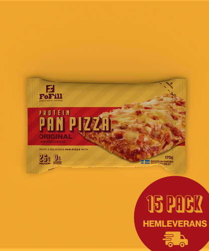 Original Protein Pan Pizza – 15-pack. En proteinrik pan pizza med svensk skinka och ost, innehåller 26 gram protein per portion och utan tillsatt socker. Perfekt för en hälsosam och smakrik måltid.