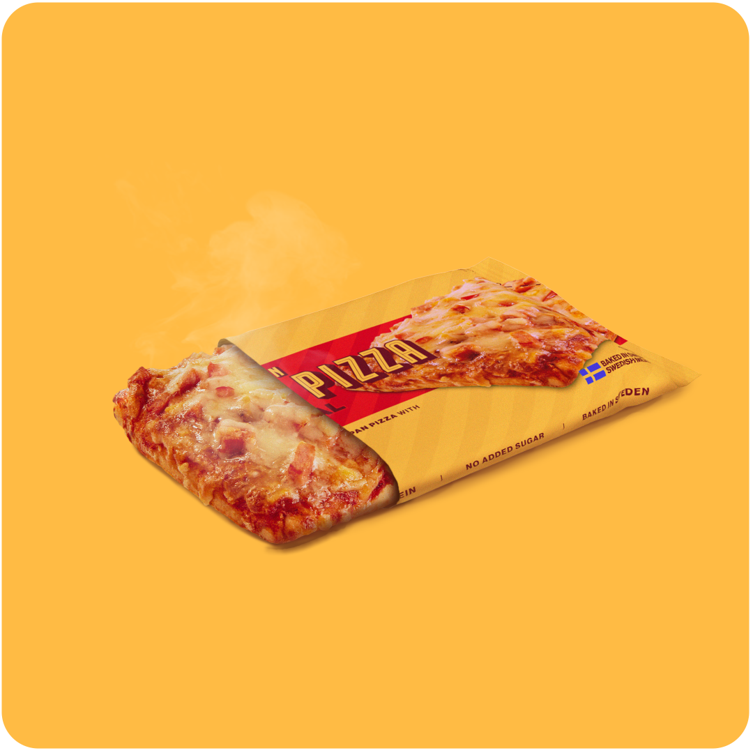 Original Protein Pan Pizza – 15-pack. En proteinrik pan pizza med svensk skinka och ost, innehåller 26 gram protein per portion och utan tillsatt socker. Perfekt för en hälsosam och smakrik måltid.