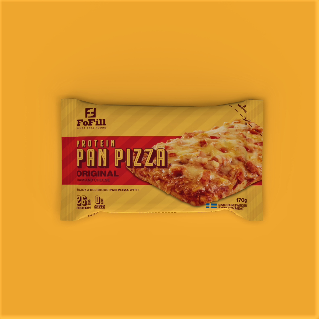 Original Protein Pan Pizza – 15-pack. En proteinrik pan pizza med svensk skinka och ost, innehåller 26 gram protein per portion och utan tillsatt socker. Perfekt för en hälsosam och smakrik måltid.