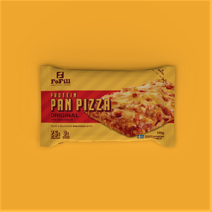 Original Protein Pan Pizza – 15-pack. En proteinrik pan pizza med svensk skinka och ost, innehåller 26 gram protein per portion och utan tillsatt socker. Perfekt för en hälsosam och smakrik måltid.